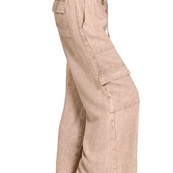 Zenana Washed Linen Elastic Band Waist Cargo Pants - Picture 3 of 4